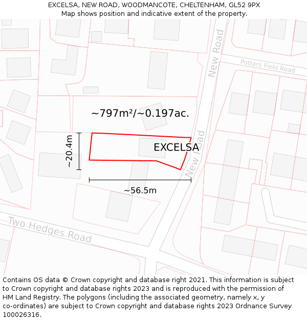 EXCELSA, NEW ROAD, WOODMANCOTE, CHELTENHAM, GL52 9PX: Plot and title map