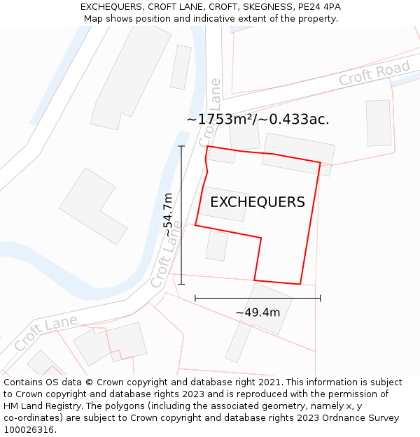 EXCHEQUERS, CROFT LANE, CROFT, SKEGNESS, PE24 4PA: Plot and title map