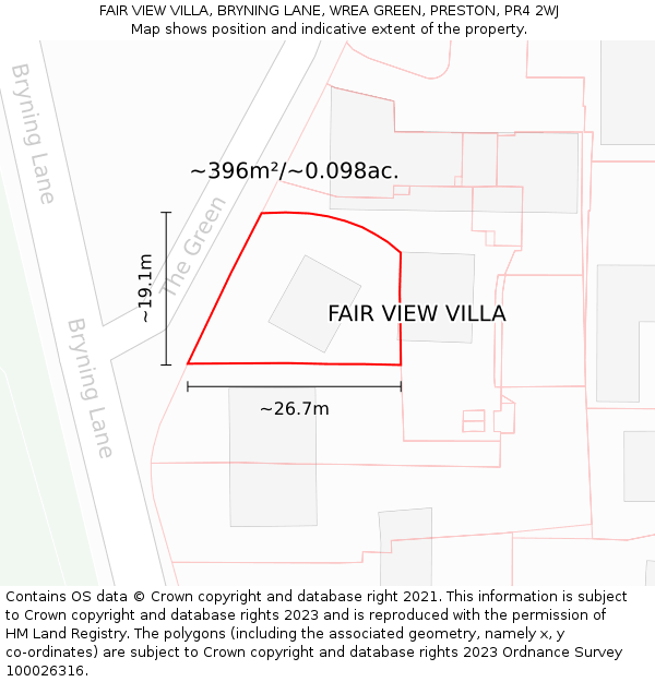 FAIR VIEW VILLA, BRYNING LANE, WREA GREEN, PRESTON, PR4 2WJ: Plot and title map