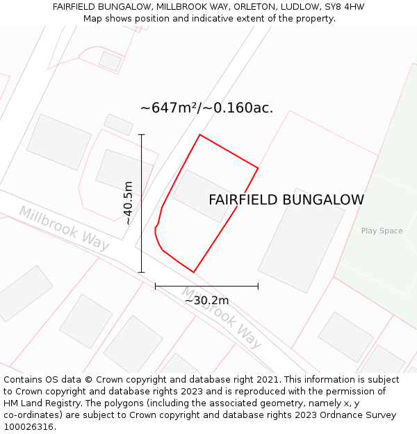 FAIRFIELD BUNGALOW, MILLBROOK WAY, ORLETON, LUDLOW, SY8 4HW: Plot and title map