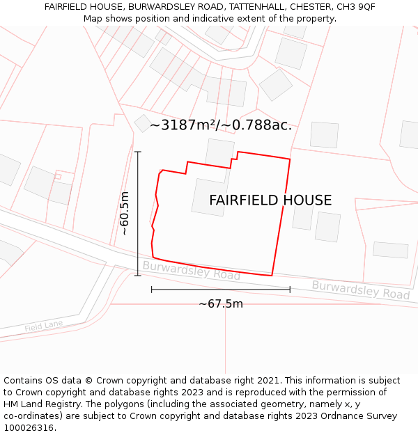 FAIRFIELD HOUSE, BURWARDSLEY ROAD, TATTENHALL, CHESTER, CH3 9QF: Plot and title map