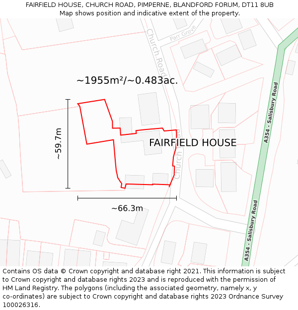 FAIRFIELD HOUSE, CHURCH ROAD, PIMPERNE, BLANDFORD FORUM, DT11 8UB: Plot and title map