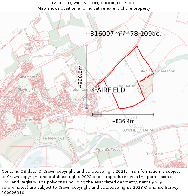 FAIRFIELD, WILLINGTON, CROOK, DL15 0DF: Plot and title map