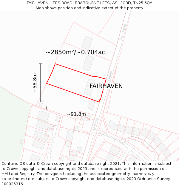 FAIRHAVEN, LEES ROAD, BRABOURNE LEES, ASHFORD, TN25 6QA: Plot and title map