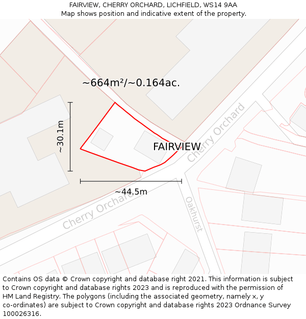 FAIRVIEW, CHERRY ORCHARD, LICHFIELD, WS14 9AA: Plot and title map
