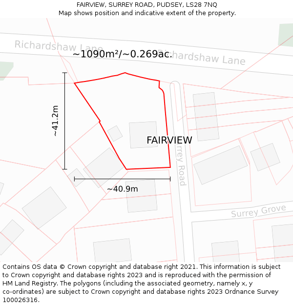 FAIRVIEW, SURREY ROAD, PUDSEY, LS28 7NQ: Plot and title map