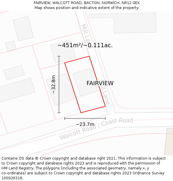 FAIRVIEW, WALCOTT ROAD, BACTON, NORWICH, NR12 0EX: Plot and title map