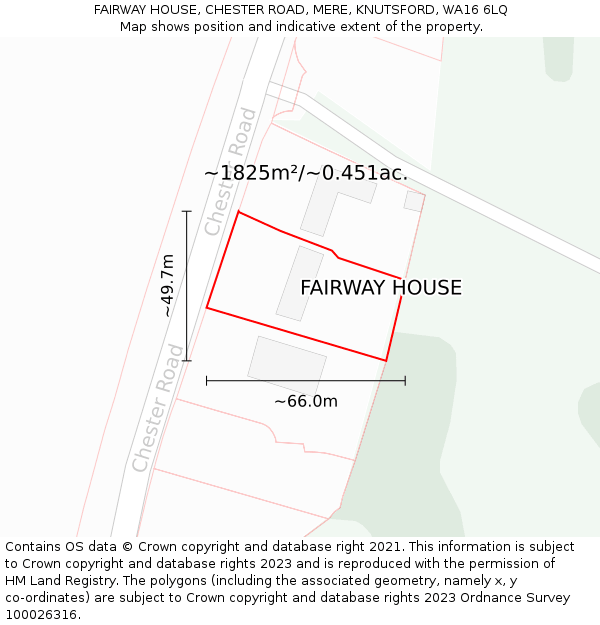 FAIRWAY HOUSE, CHESTER ROAD, MERE, KNUTSFORD, WA16 6LQ: Plot and title map