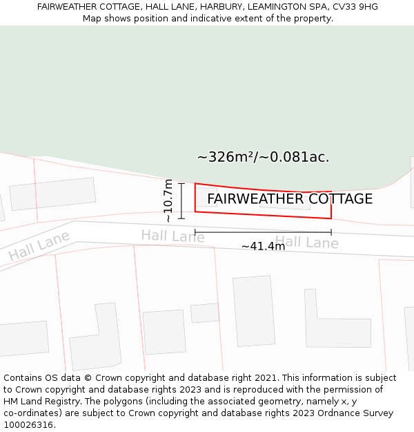 FAIRWEATHER COTTAGE, HALL LANE, HARBURY, LEAMINGTON SPA, CV33 9HG: Plot and title map