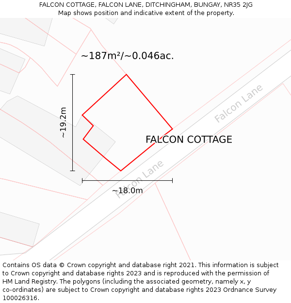 FALCON COTTAGE, FALCON LANE, DITCHINGHAM, BUNGAY, NR35 2JG: Plot and title map