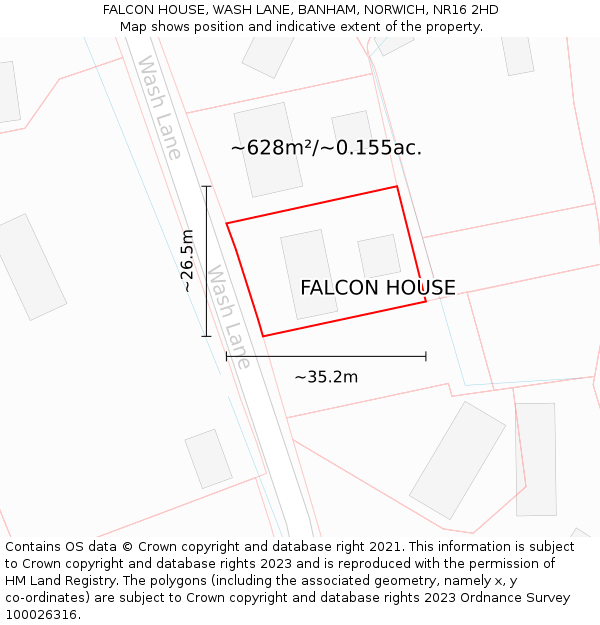 FALCON HOUSE, WASH LANE, BANHAM, NORWICH, NR16 2HD: Plot and title map