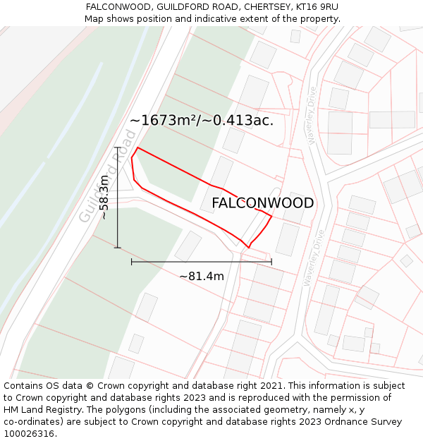 FALCONWOOD, GUILDFORD ROAD, CHERTSEY, KT16 9RU: Plot and title map
