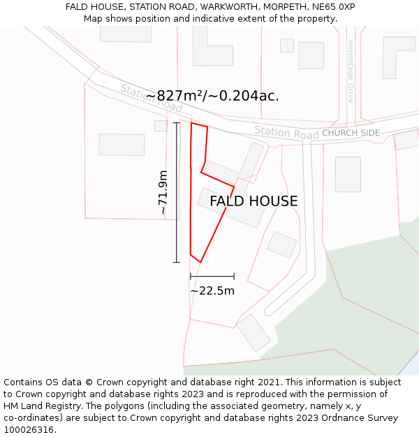 FALD HOUSE, STATION ROAD, WARKWORTH, MORPETH, NE65 0XP: Plot and title map