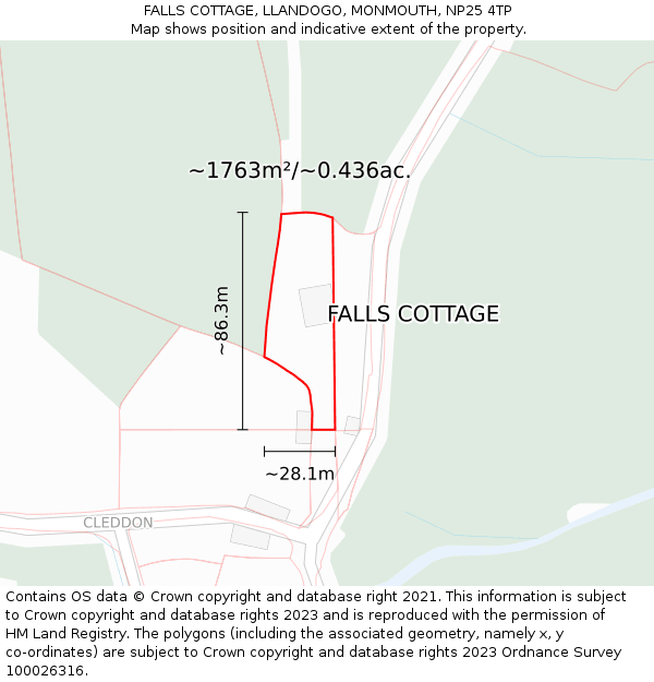 FALLS COTTAGE, LLANDOGO, MONMOUTH, NP25 4TP: Plot and title map