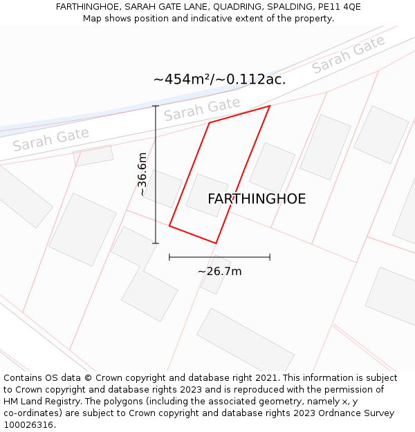 FARTHINGHOE, SARAH GATE LANE, QUADRING, SPALDING, PE11 4QE: Plot and title map