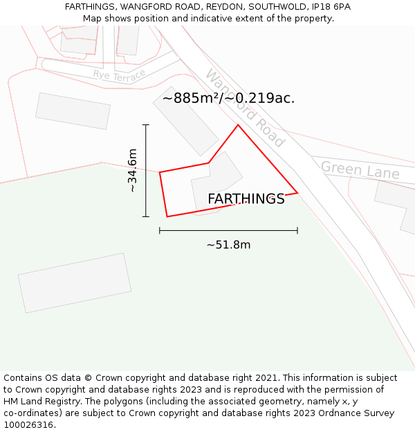 FARTHINGS, WANGFORD ROAD, REYDON, SOUTHWOLD, IP18 6PA: Plot and title map