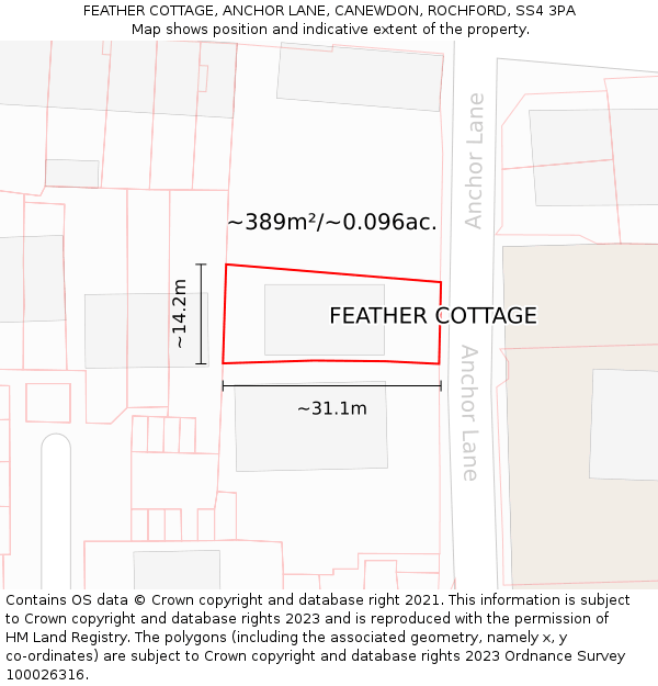 FEATHER COTTAGE, ANCHOR LANE, CANEWDON, ROCHFORD, SS4 3PA: Plot and title map