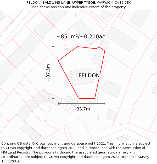 FELDON, BALDWINS LANE, UPPER TYSOE, WARWICK, CV35 0TX: Plot and title map