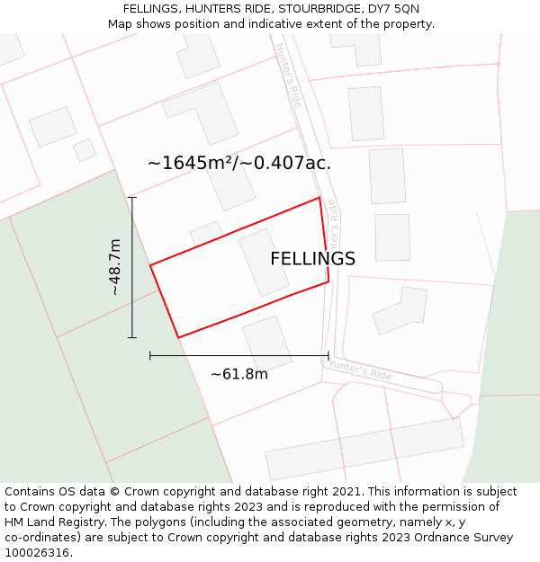 FELLINGS, HUNTERS RIDE, STOURBRIDGE, DY7 5QN: Plot and title map