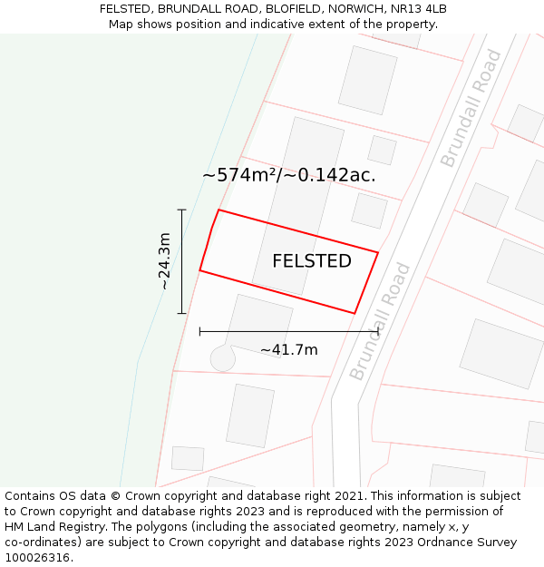 FELSTED, BRUNDALL ROAD, BLOFIELD, NORWICH, NR13 4LB: Plot and title map