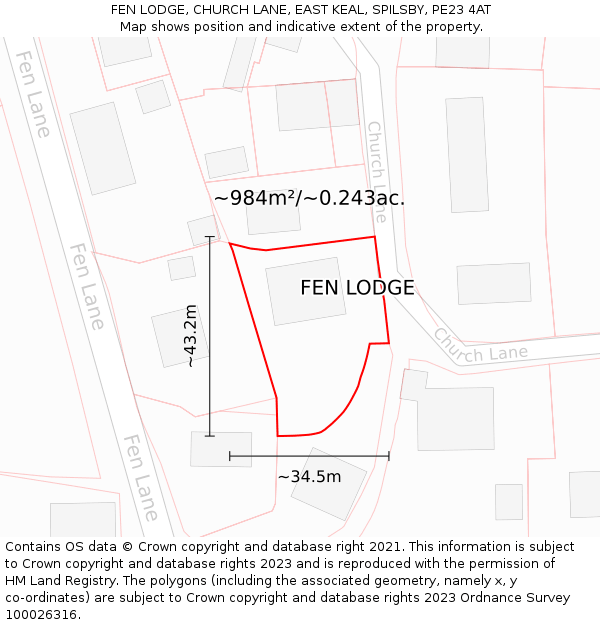 FEN LODGE, CHURCH LANE, EAST KEAL, SPILSBY, PE23 4AT: Plot and title map