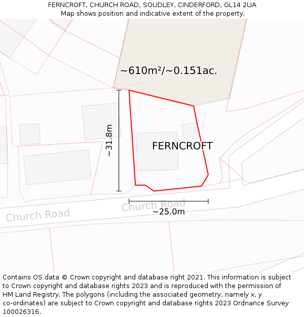 FERNCROFT, CHURCH ROAD, SOUDLEY, CINDERFORD, GL14 2UA: Plot and title map