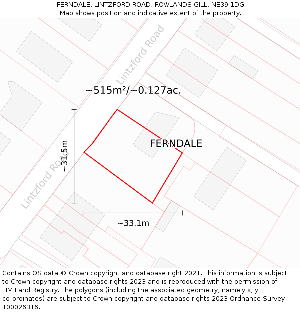 FERNDALE, LINTZFORD ROAD, ROWLANDS GILL, NE39 1DG: Plot and title map