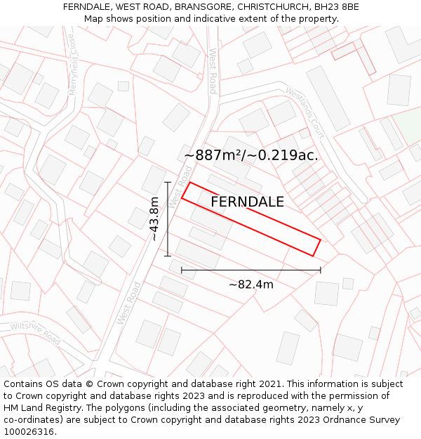 FERNDALE, WEST ROAD, BRANSGORE, CHRISTCHURCH, BH23 8BE: Plot and title map