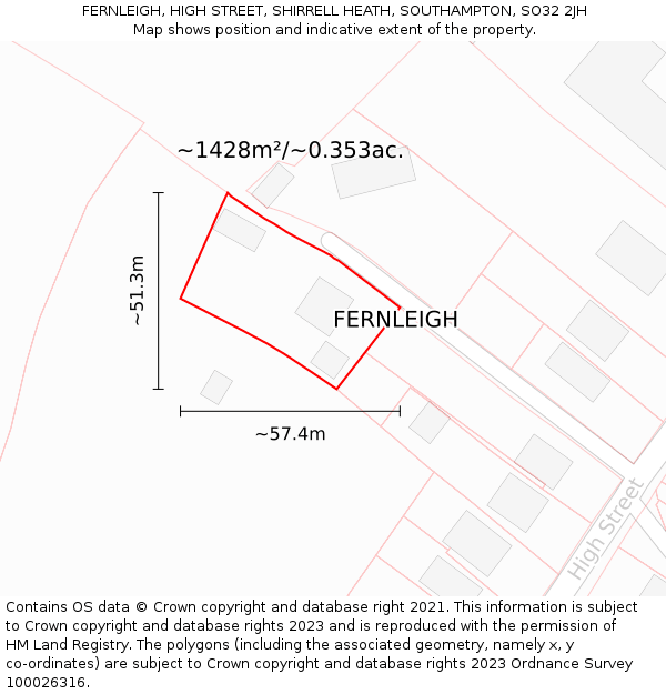 FERNLEIGH, HIGH STREET, SHIRRELL HEATH, SOUTHAMPTON, SO32 2JH: Plot and title map