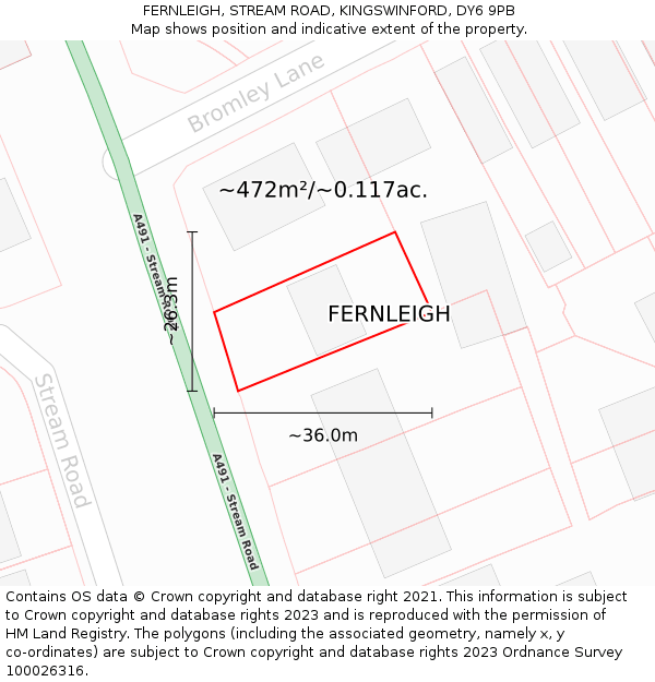 FERNLEIGH, STREAM ROAD, KINGSWINFORD, DY6 9PB: Plot and title map