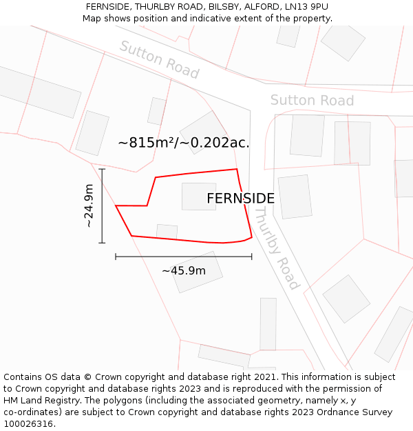 FERNSIDE, THURLBY ROAD, BILSBY, ALFORD, LN13 9PU: Plot and title map