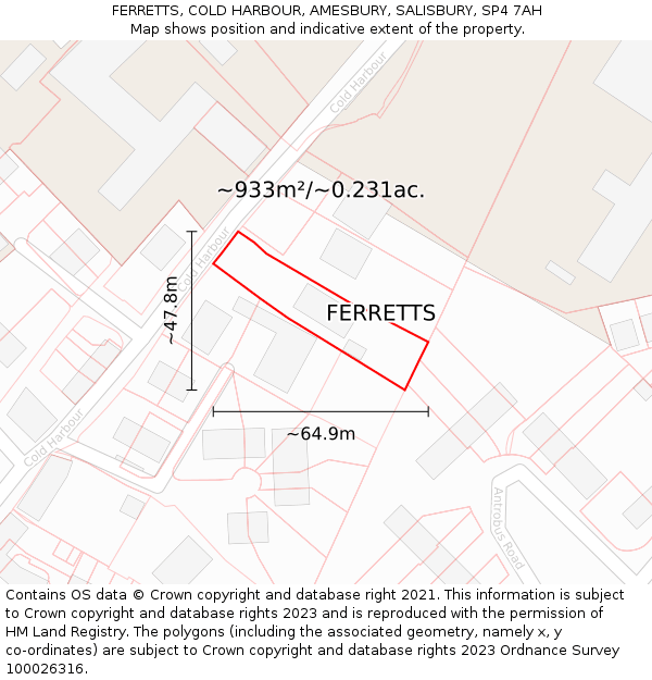 FERRETTS, COLD HARBOUR, AMESBURY, SALISBURY, SP4 7AH: Plot and title map