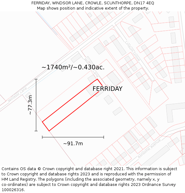 FERRIDAY, WINDSOR LANE, CROWLE, SCUNTHORPE, DN17 4EQ: Plot and title map