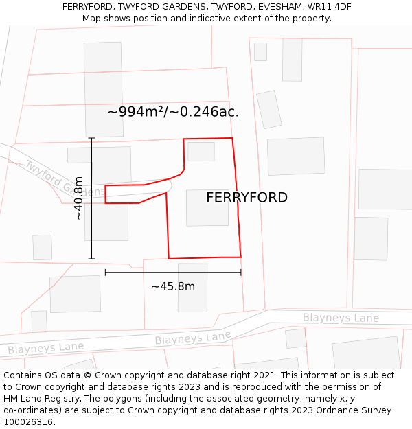 FERRYFORD, TWYFORD GARDENS, TWYFORD, EVESHAM, WR11 4DF: Plot and title map