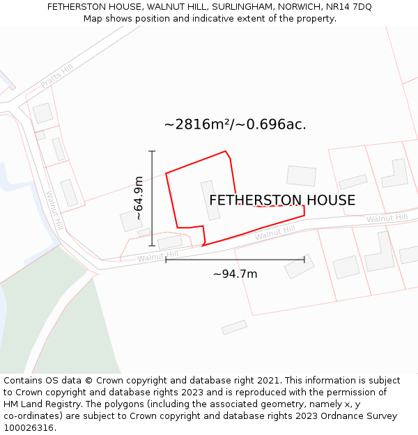 FETHERSTON HOUSE, WALNUT HILL, SURLINGHAM, NORWICH, NR14 7DQ: Plot and title map