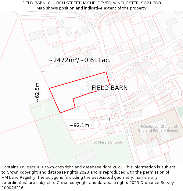 FIELD BARN, CHURCH STREET, MICHELDEVER, WINCHESTER, SO21 3DB: Plot and title map