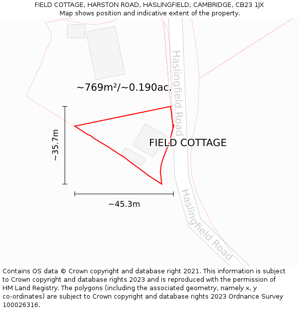 FIELD COTTAGE, HARSTON ROAD, HASLINGFIELD, CAMBRIDGE, CB23 1JX: Plot and title map