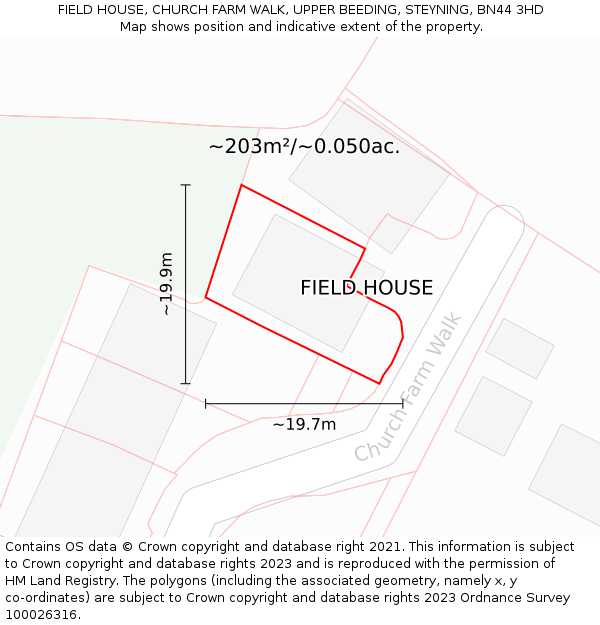 FIELD HOUSE, CHURCH FARM WALK, UPPER BEEDING, STEYNING, BN44 3HD: Plot and title map
