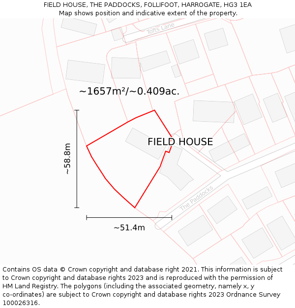 FIELD HOUSE, THE PADDOCKS, FOLLIFOOT, HARROGATE, HG3 1EA: Plot and title map