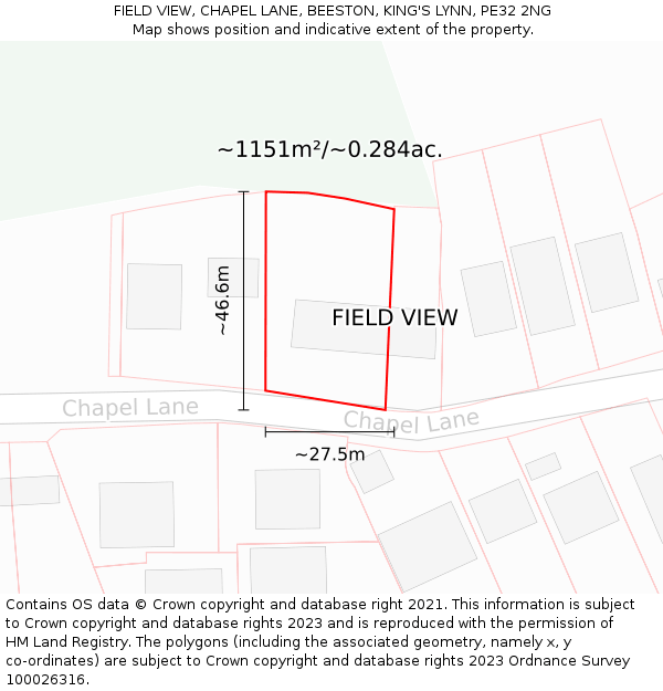 FIELD VIEW, CHAPEL LANE, BEESTON, KING'S LYNN, PE32 2NG: Plot and title map