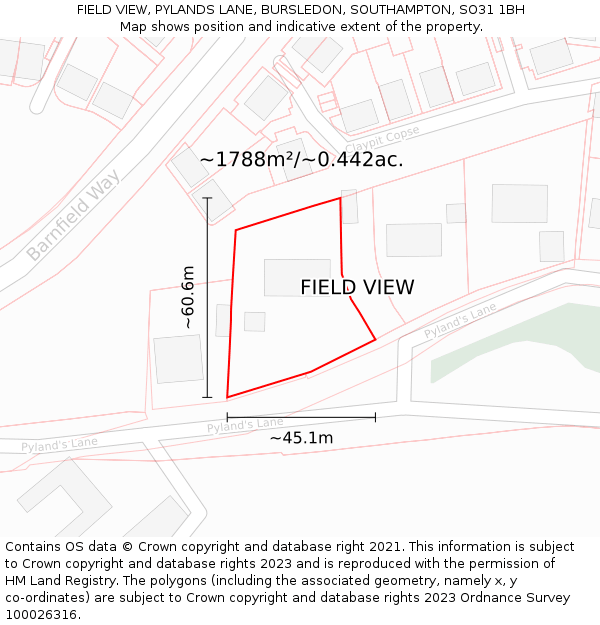 FIELD VIEW, PYLANDS LANE, BURSLEDON, SOUTHAMPTON, SO31 1BH: Plot and title map