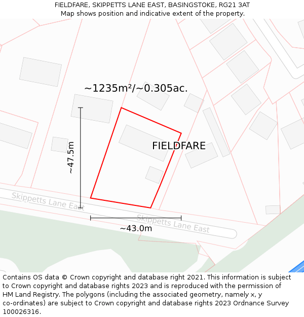 FIELDFARE, SKIPPETTS LANE EAST, BASINGSTOKE, RG21 3AT: Plot and title map
