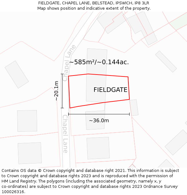 FIELDGATE, CHAPEL LANE, BELSTEAD, IPSWICH, IP8 3LR: Plot and title map