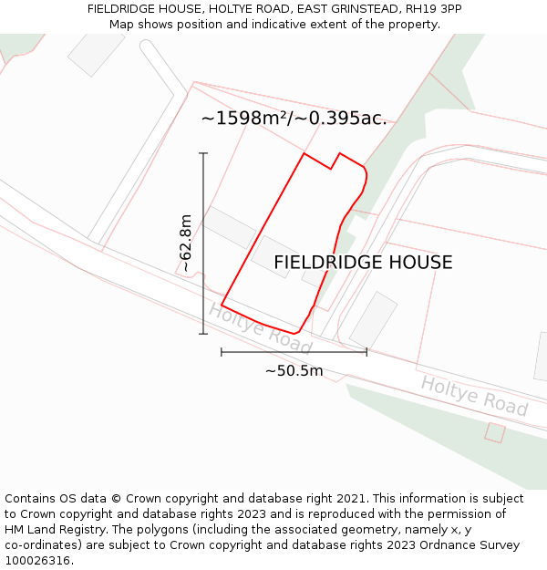 FIELDRIDGE HOUSE, HOLTYE ROAD, EAST GRINSTEAD, RH19 3PP: Plot and title map