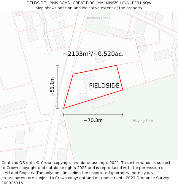 FIELDSIDE, LYNN ROAD, GREAT BIRCHAM, KING'S LYNN, PE31 6QW: Plot and title map