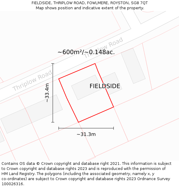 FIELDSIDE, THRIPLOW ROAD, FOWLMERE, ROYSTON, SG8 7QT: Plot and title map