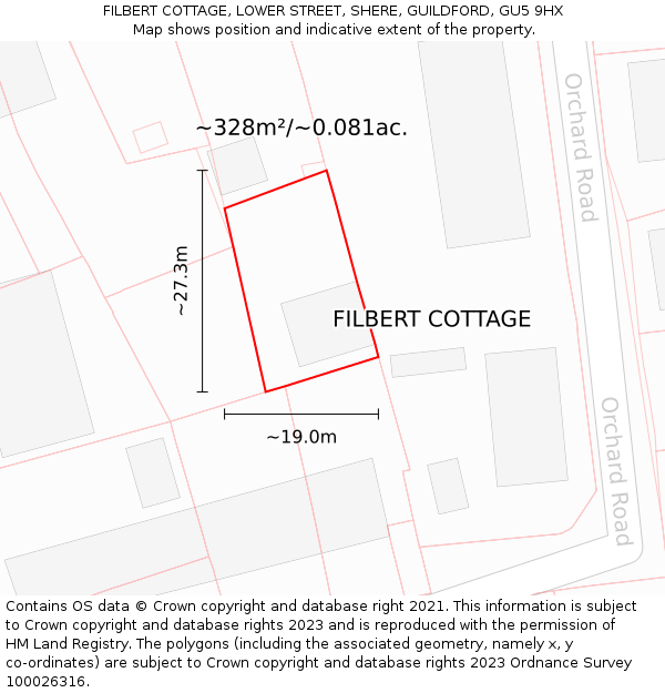 FILBERT COTTAGE, LOWER STREET, SHERE, GUILDFORD, GU5 9HX: Plot and title map