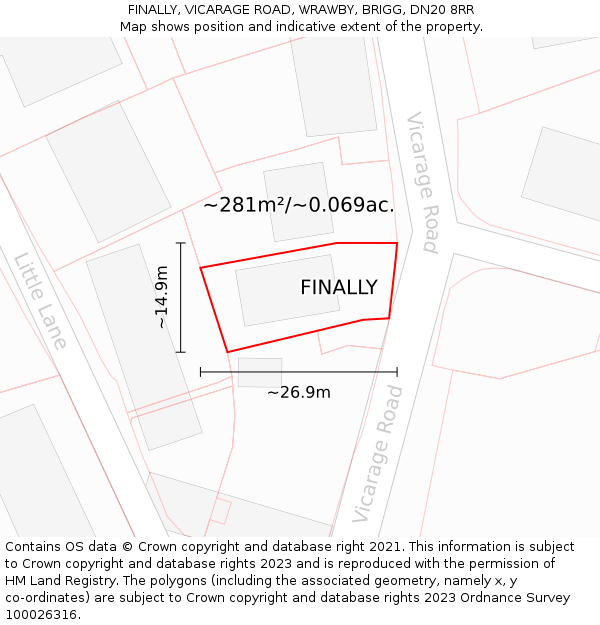 FINALLY, VICARAGE ROAD, WRAWBY, BRIGG, DN20 8RR: Plot and title map