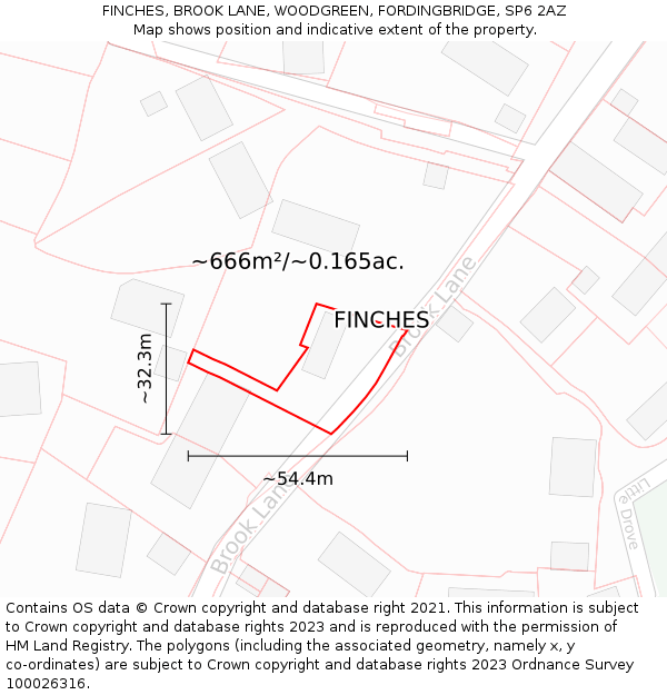 FINCHES, BROOK LANE, WOODGREEN, FORDINGBRIDGE, SP6 2AZ: Plot and title map