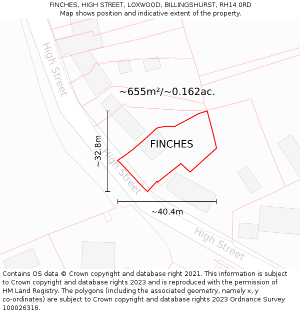 FINCHES, HIGH STREET, LOXWOOD, BILLINGSHURST, RH14 0RD: Plot and title map